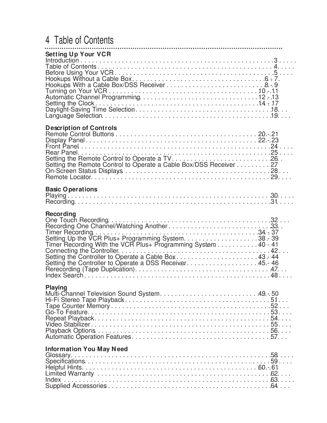 Philips VRX463 warranty Table of Contents 