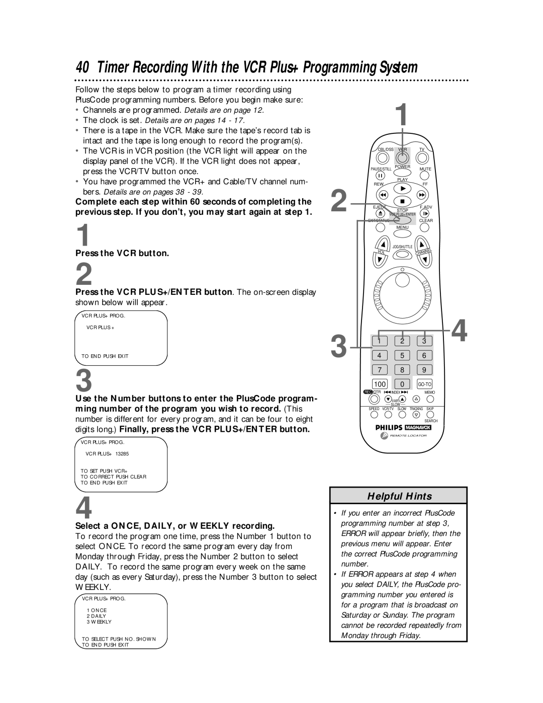 Philips VRX463 warranty Timer Recording With the VCR Plus+ Programming System 