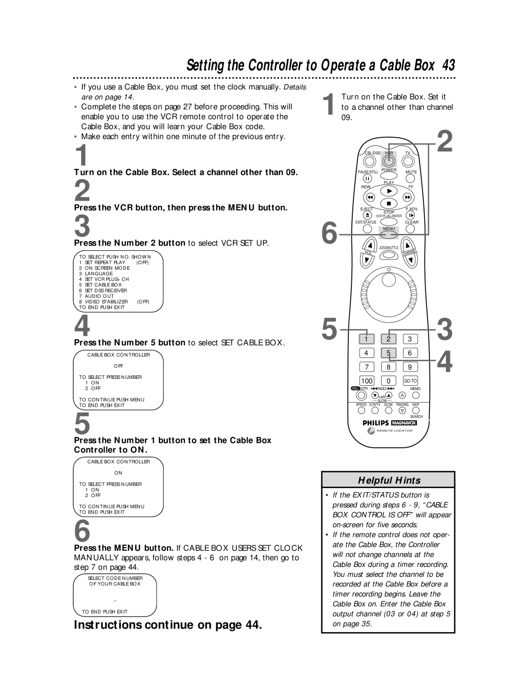 Philips VRX463 warranty Setting the Controller to Operate a Cable Box, Press the Number 5 button to select SET Cable BOX 