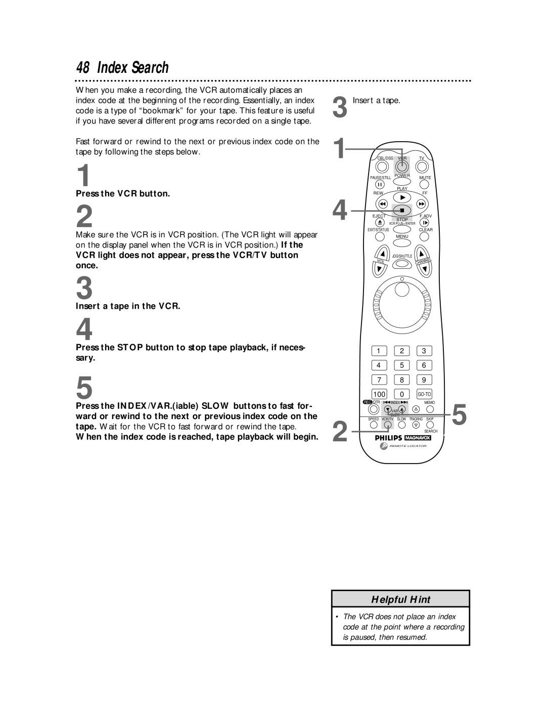 Philips VRX463 warranty Index Search, Insert a tape 