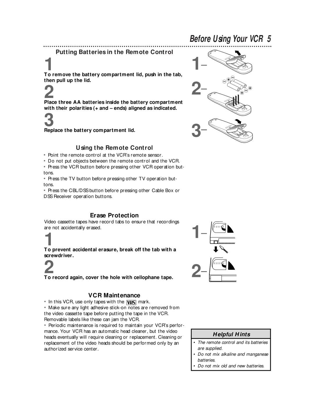 Philips VRX463 Before Using Your VCR, Putting Batteries in the Remote Control, Using the Remote Control, Erase Protection 