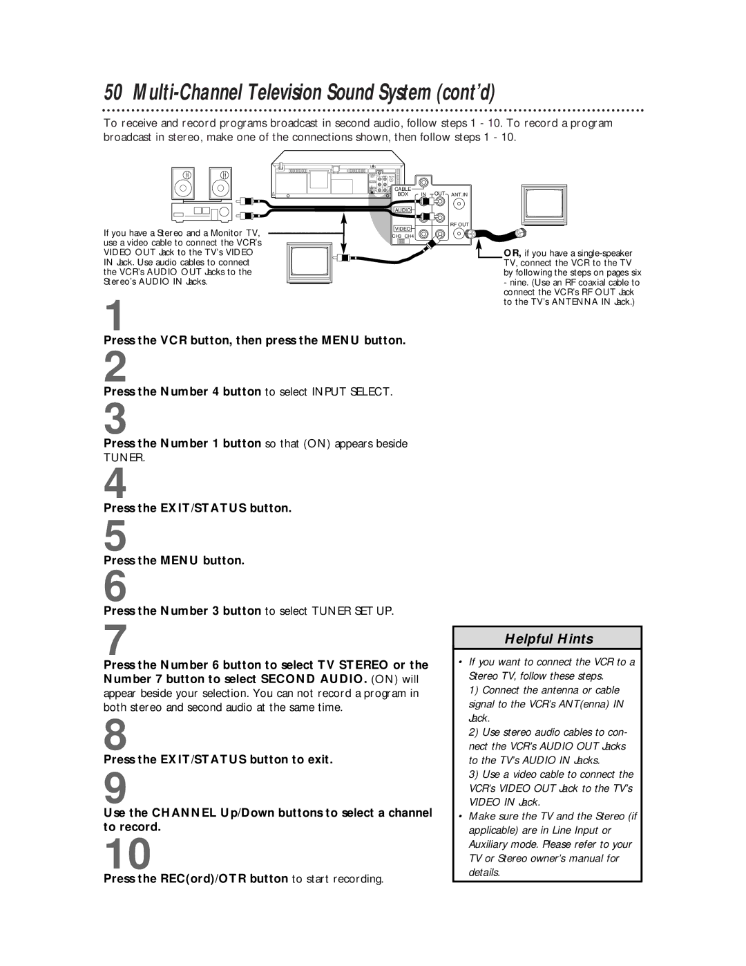 Philips VRX463 warranty Multi-Channel Television Sound System cont’d, Press the Number 1 button so that on appears beside 