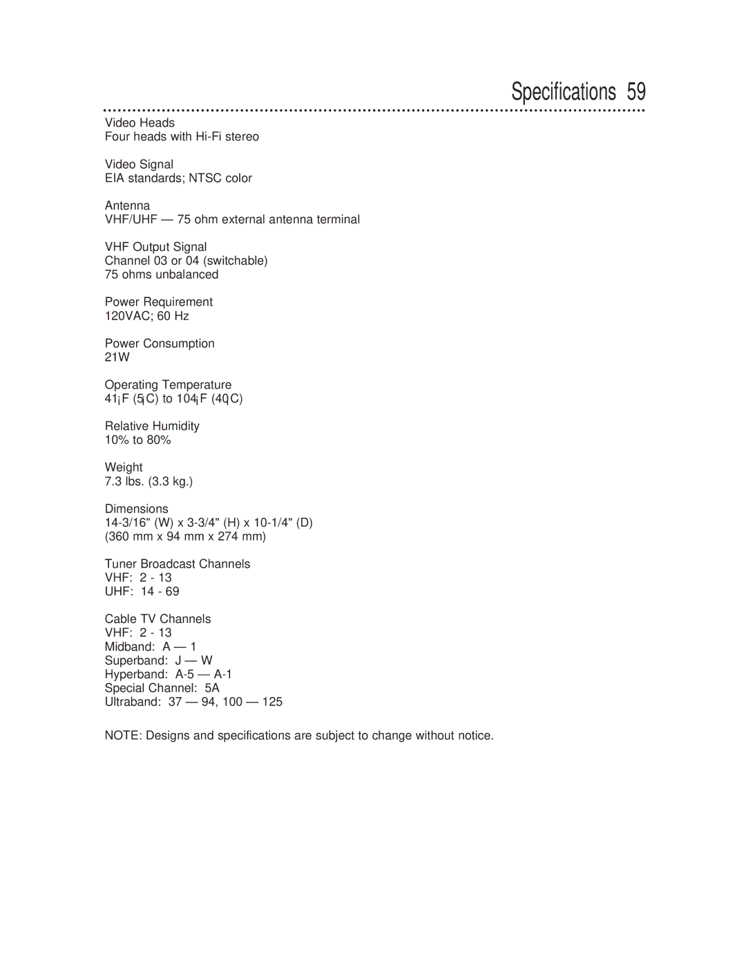 Philips VRX463 warranty Specifications 