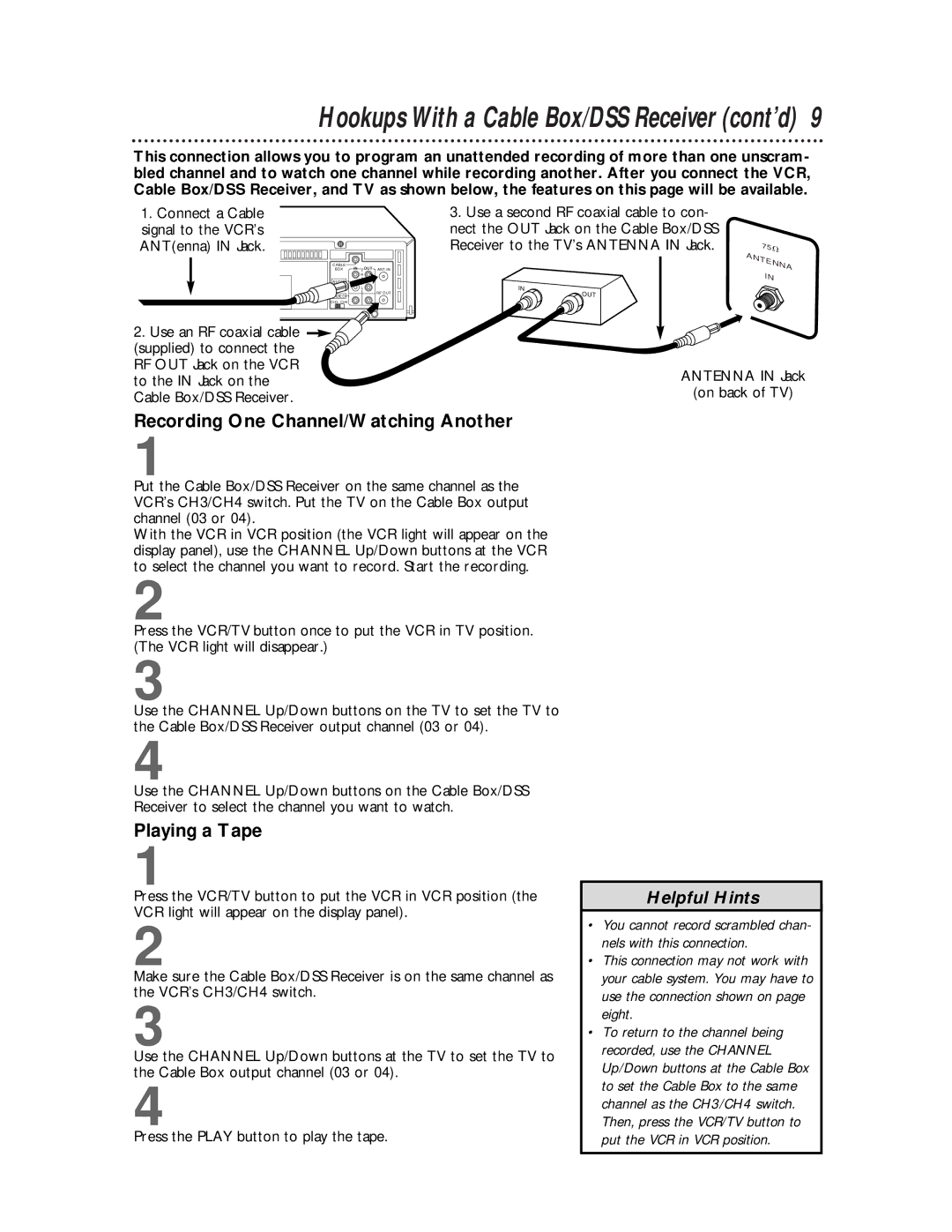 Philips VRX463 Hookups With a Cable Box/DSS Receiver cont’d, Recording One Channel/Watching Another, Playing a Tape 