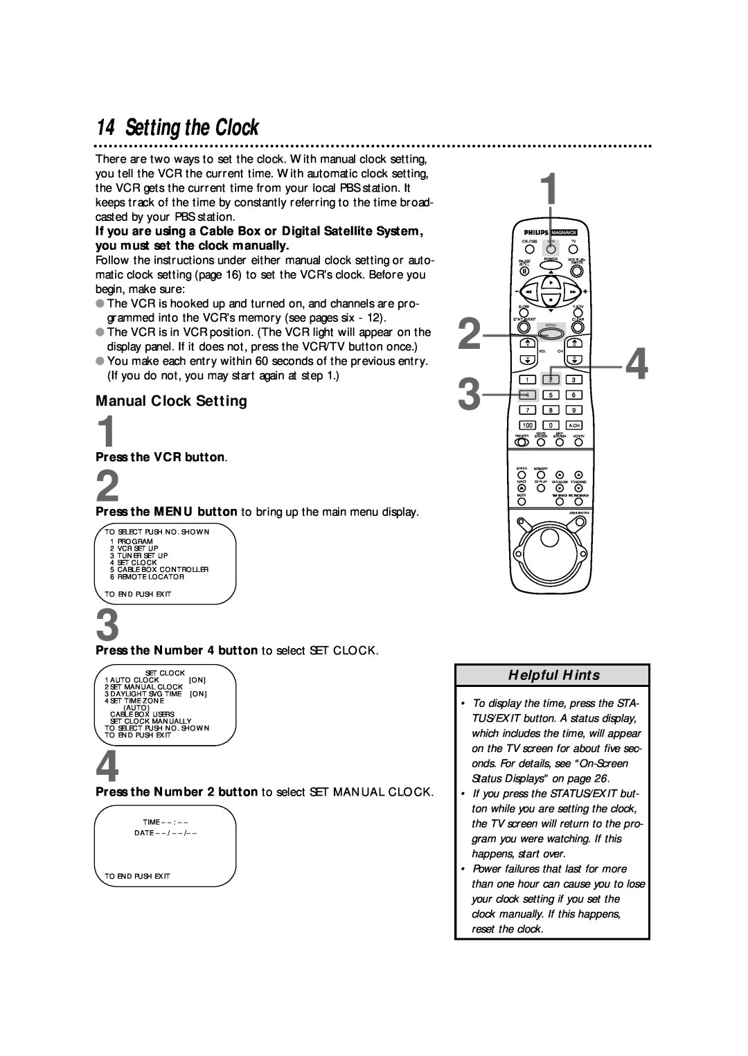 Philips VRX562AT warranty Setting the Clock, Manual Clock Setting, Helpful Hints 