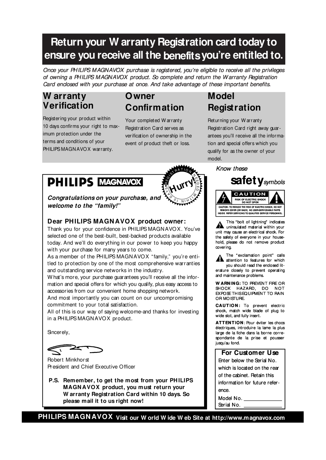 Philips VRX562AT warranty AHurry, Warranty Verification, Owner Confirmation, Model Registration, Know these safetysymbols 