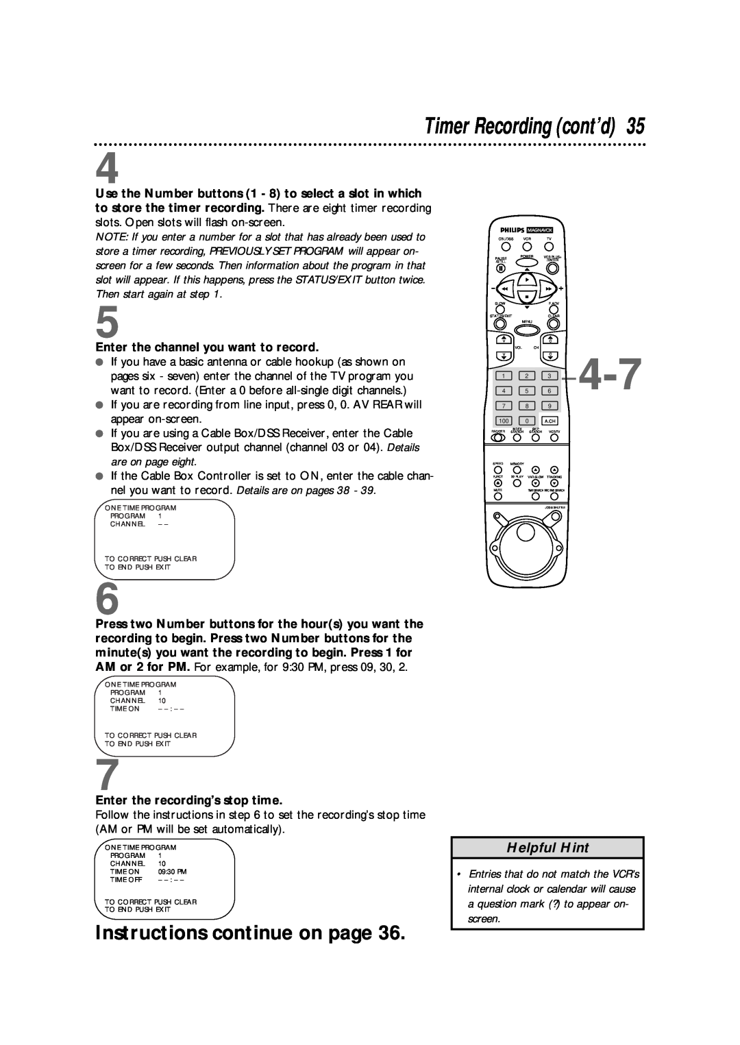 Philips VRX562AT warranty Timer Recording cont’d, Instructions continue on page, Helpful Hint 