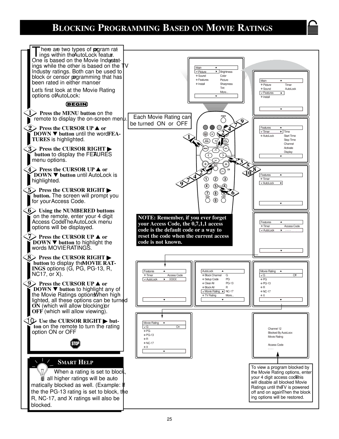 Philips VRX775VD manual Blocking Programming Based on Movie Ratings, Press the Cursor UP or Down button until AutoLock is 