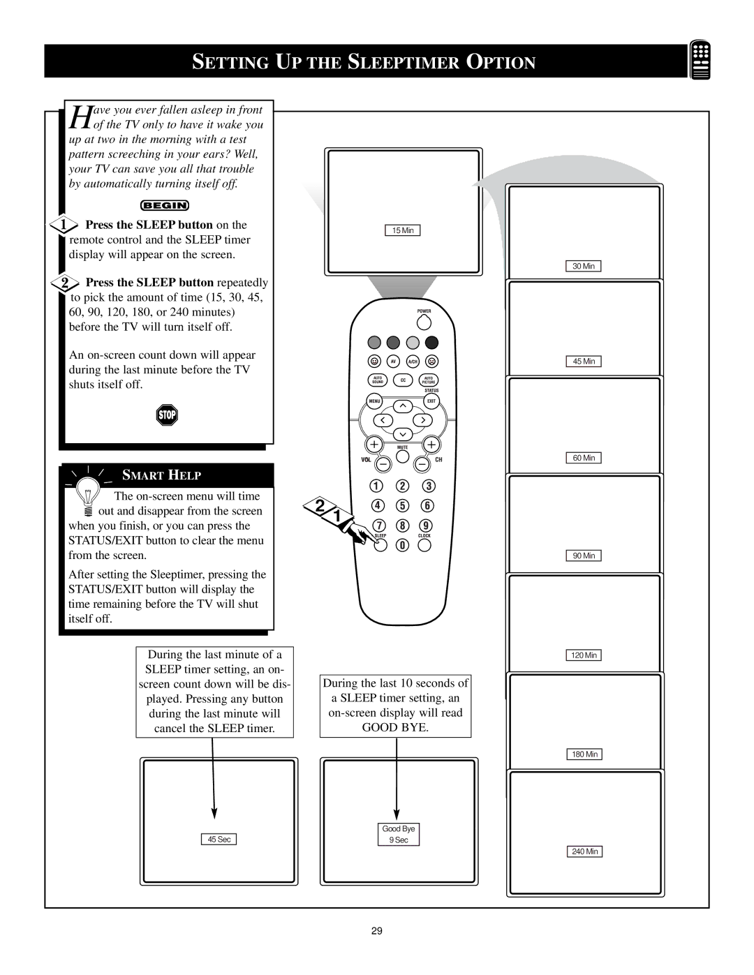 Philips VRX775VD manual Press the Sleep button on, Press the Sleep button repeatedly 