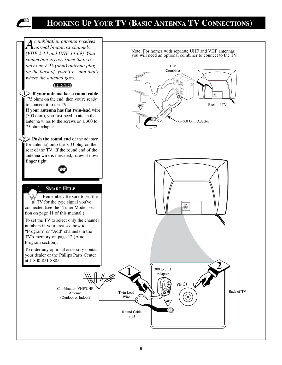 Philips VRX775VD manual Hooking UP Your TV Basic Antenna TV Connections, If your antenna has a round cable 