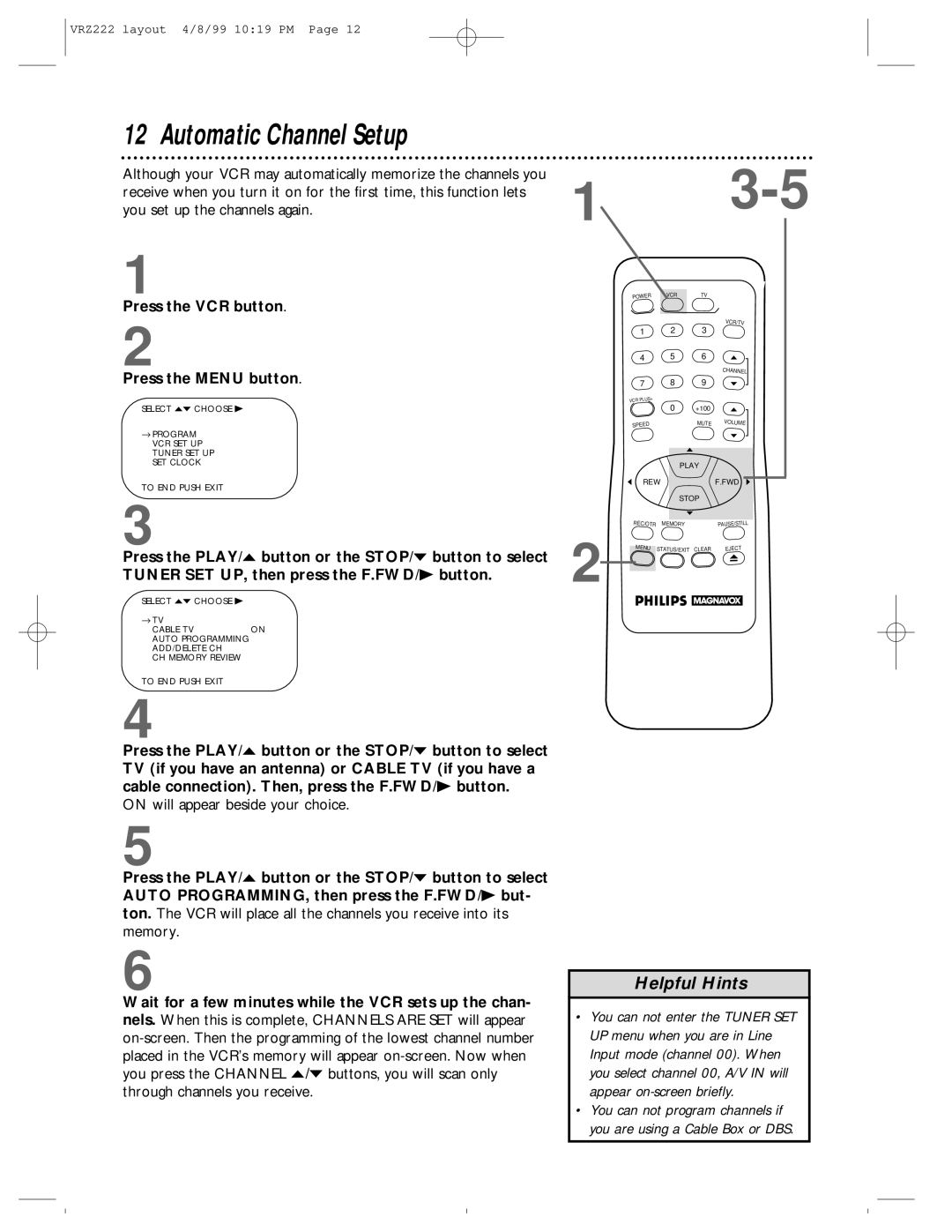 Philips VRZ222AT owner manual Automatic Channel Setup, Press the VCR button Press the Menu button 