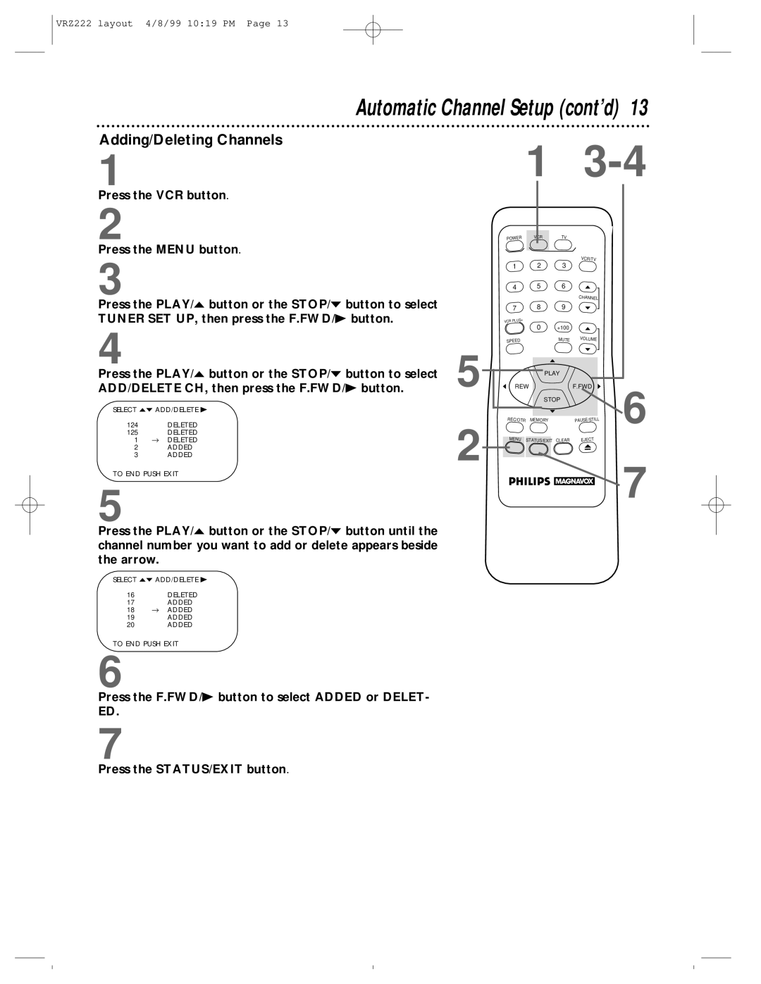 Philips VRZ222AT owner manual Automatic Channel Setup cont’d, Adding/Deleting Channels 