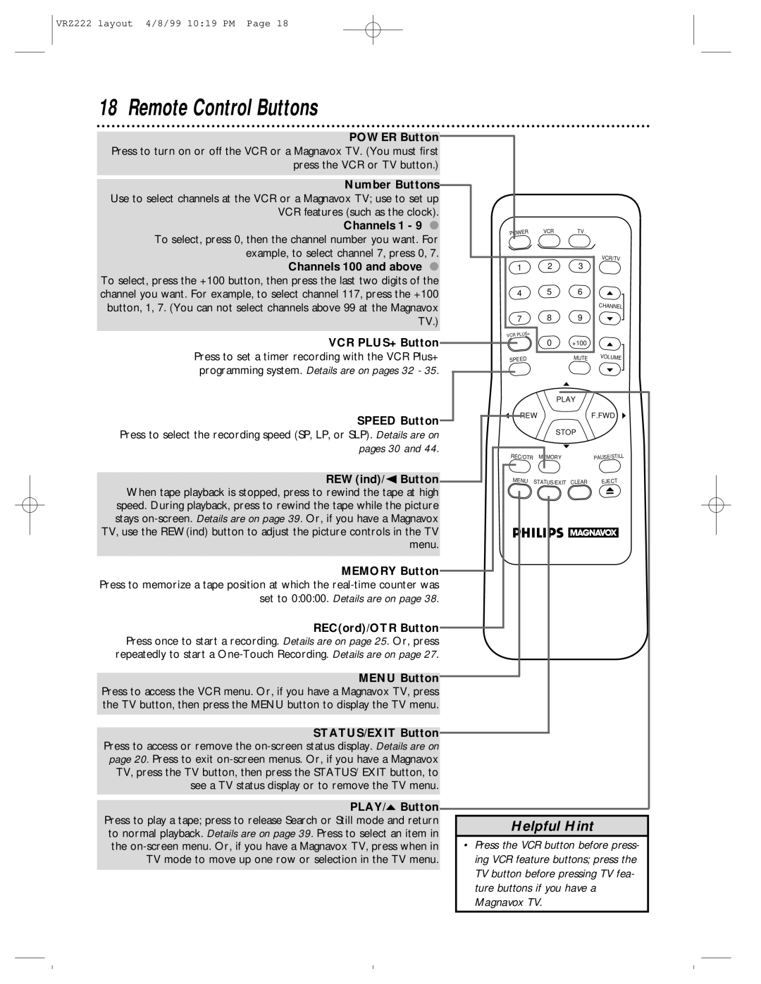 Philips VRZ222AT owner manual Remote Control Buttons, Speed Button 