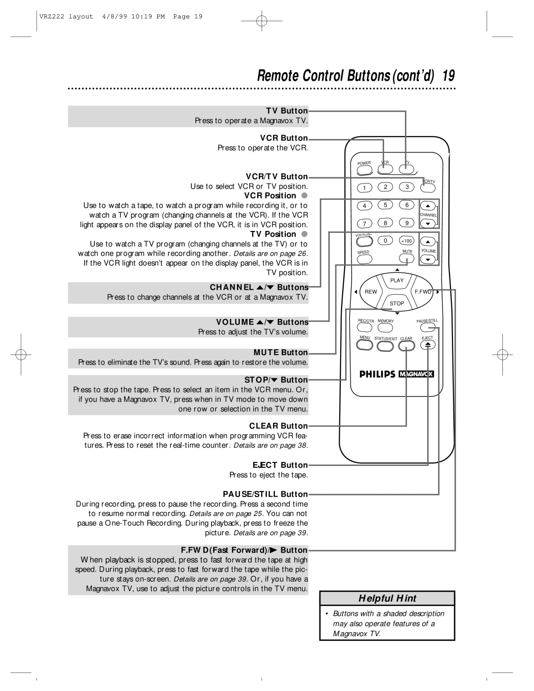 Philips VRZ222AT owner manual Remote Control Buttons cont’d 