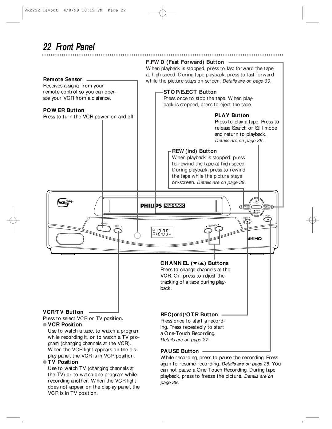 Philips VRZ222AT owner manual Front Panel 