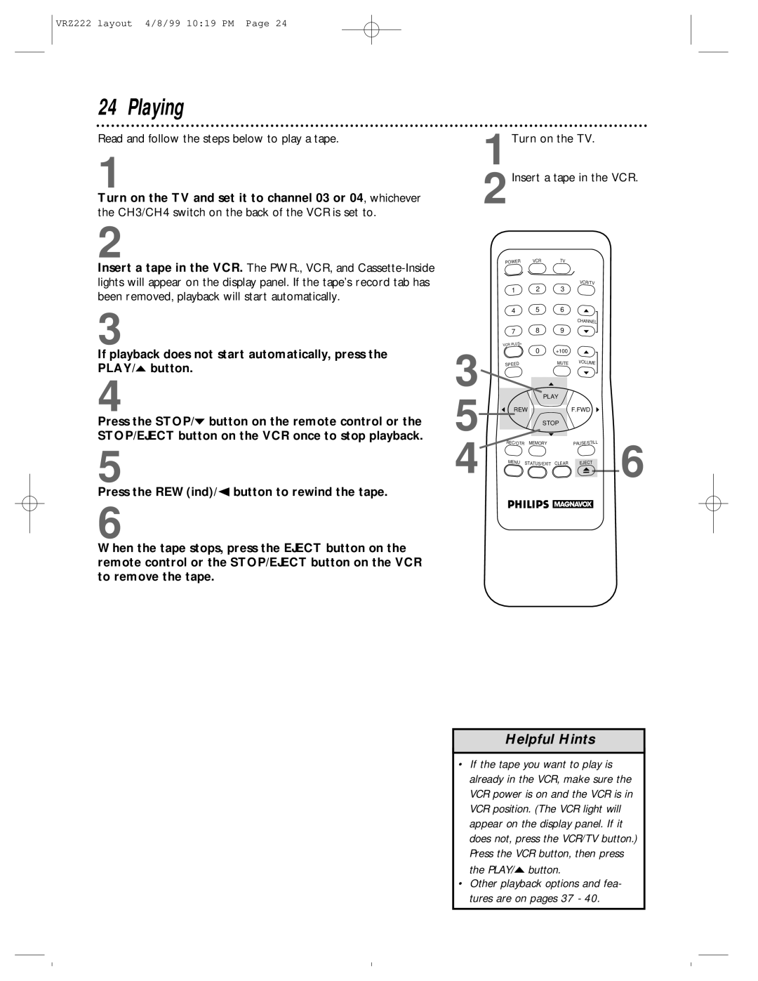 Philips VRZ222AT owner manual Playing 