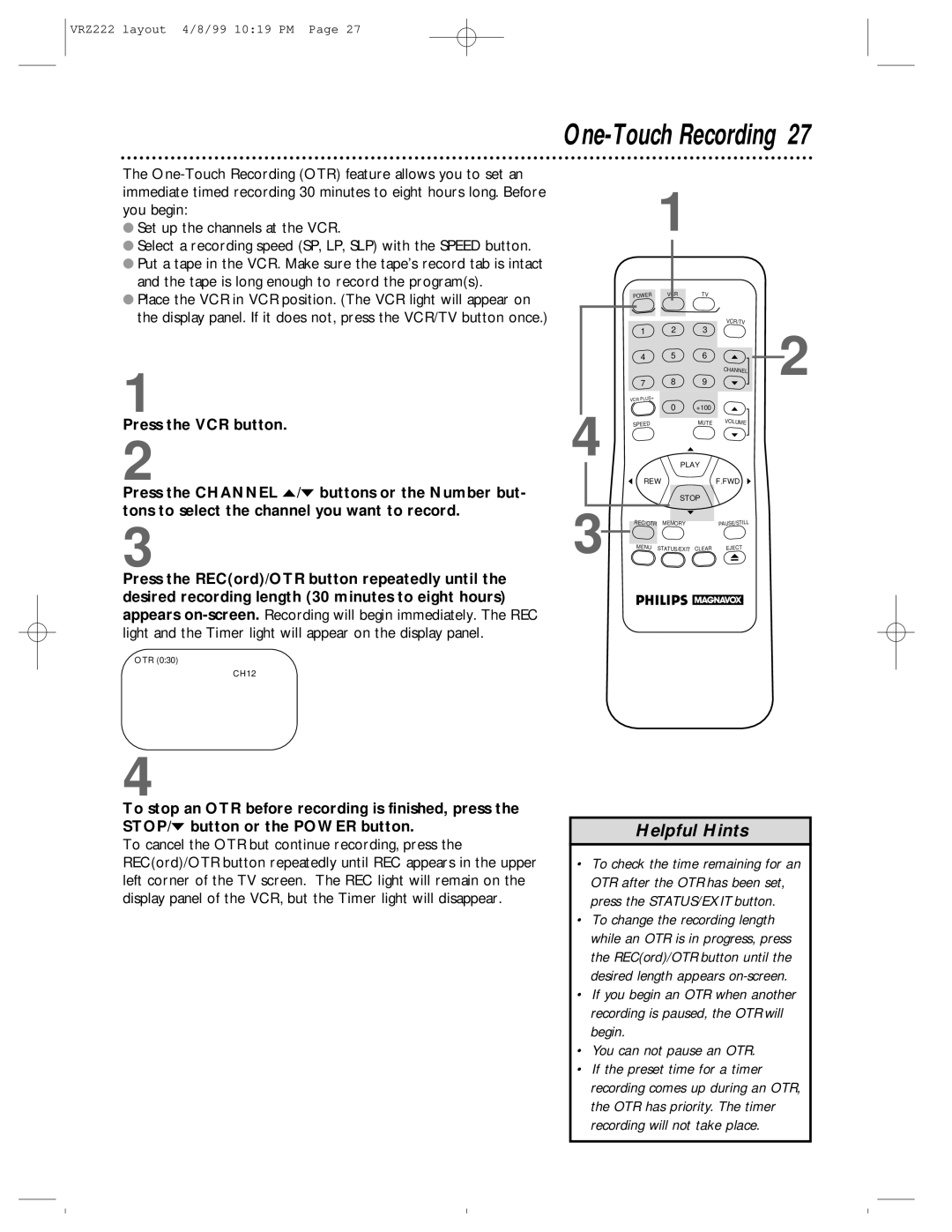 Philips VRZ222AT owner manual One-Touch Recording 