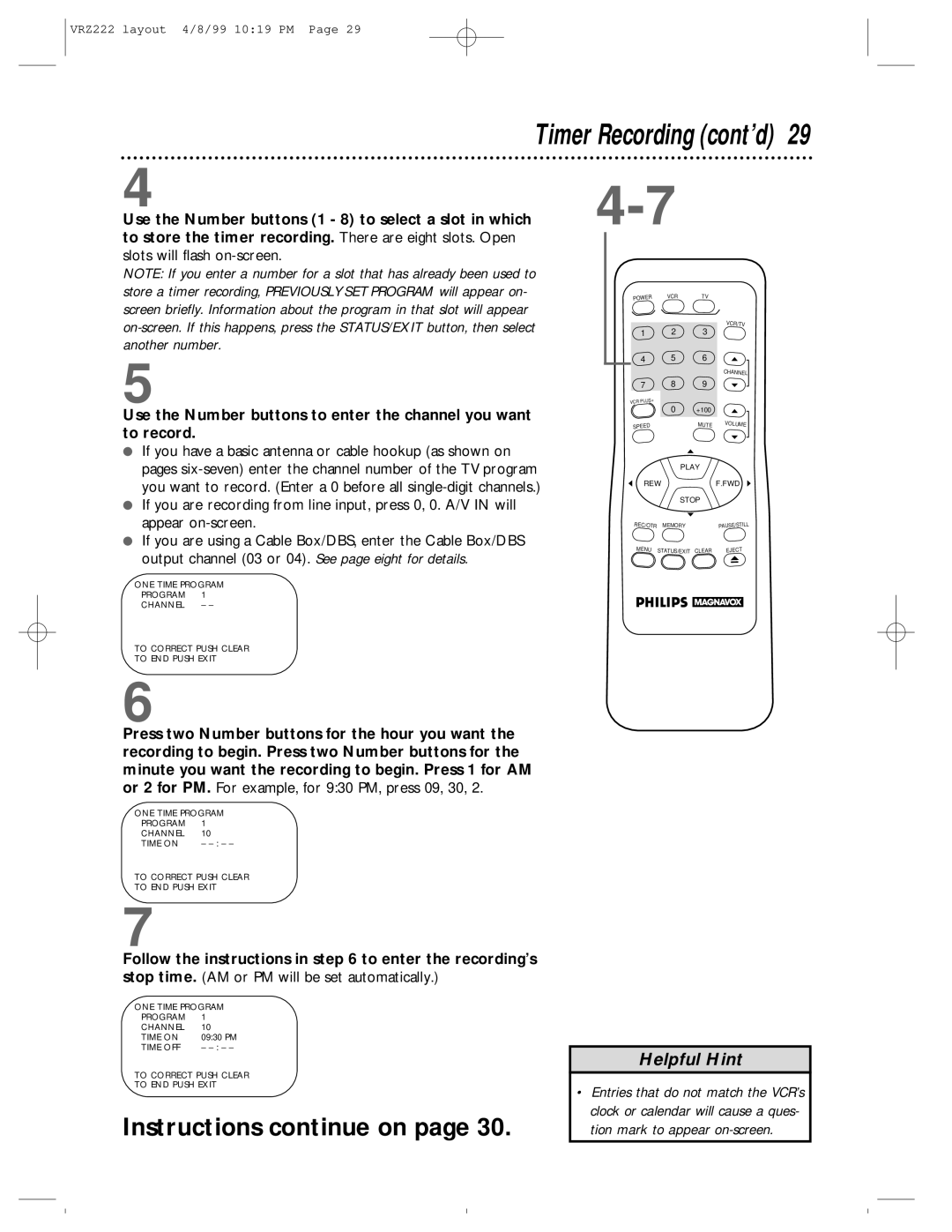 Philips VRZ222AT owner manual Timer Recording cont’d, Instructions continue on 