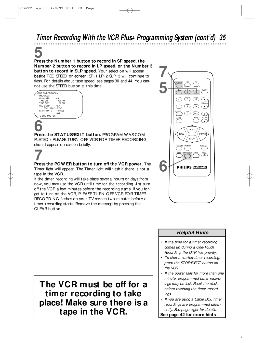 Philips VRZ222AT owner manual Timer Recording With the VCR Plus+ Programming System cont’d 