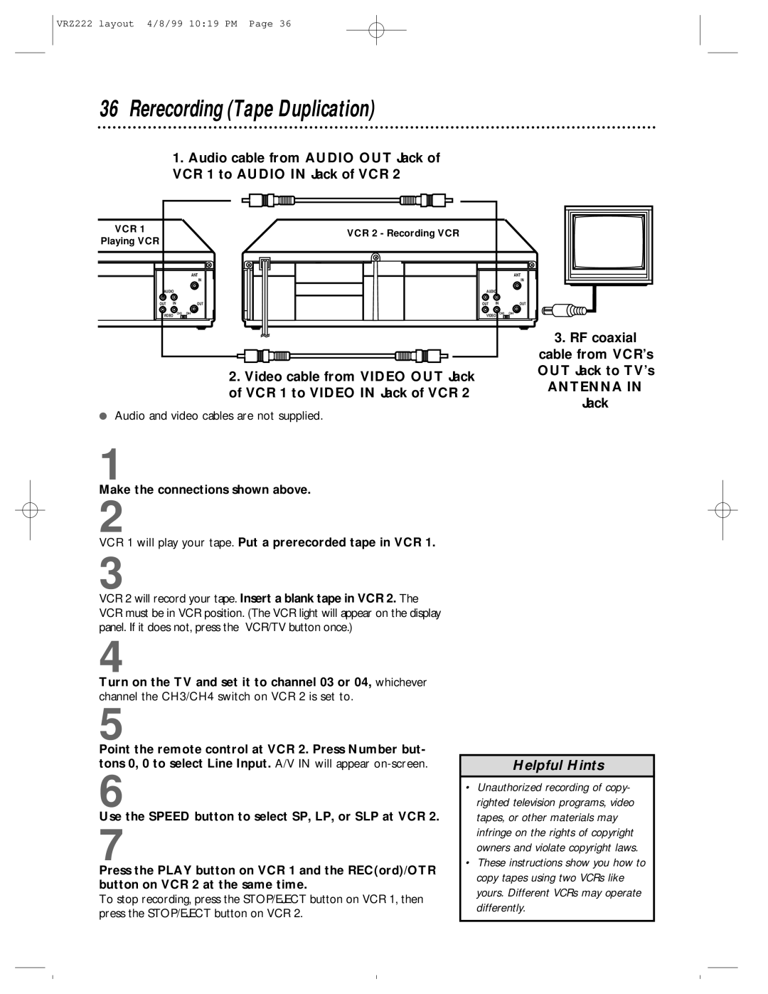 Philips VRZ222AT owner manual Rerecording Tape Duplication, Antenna 