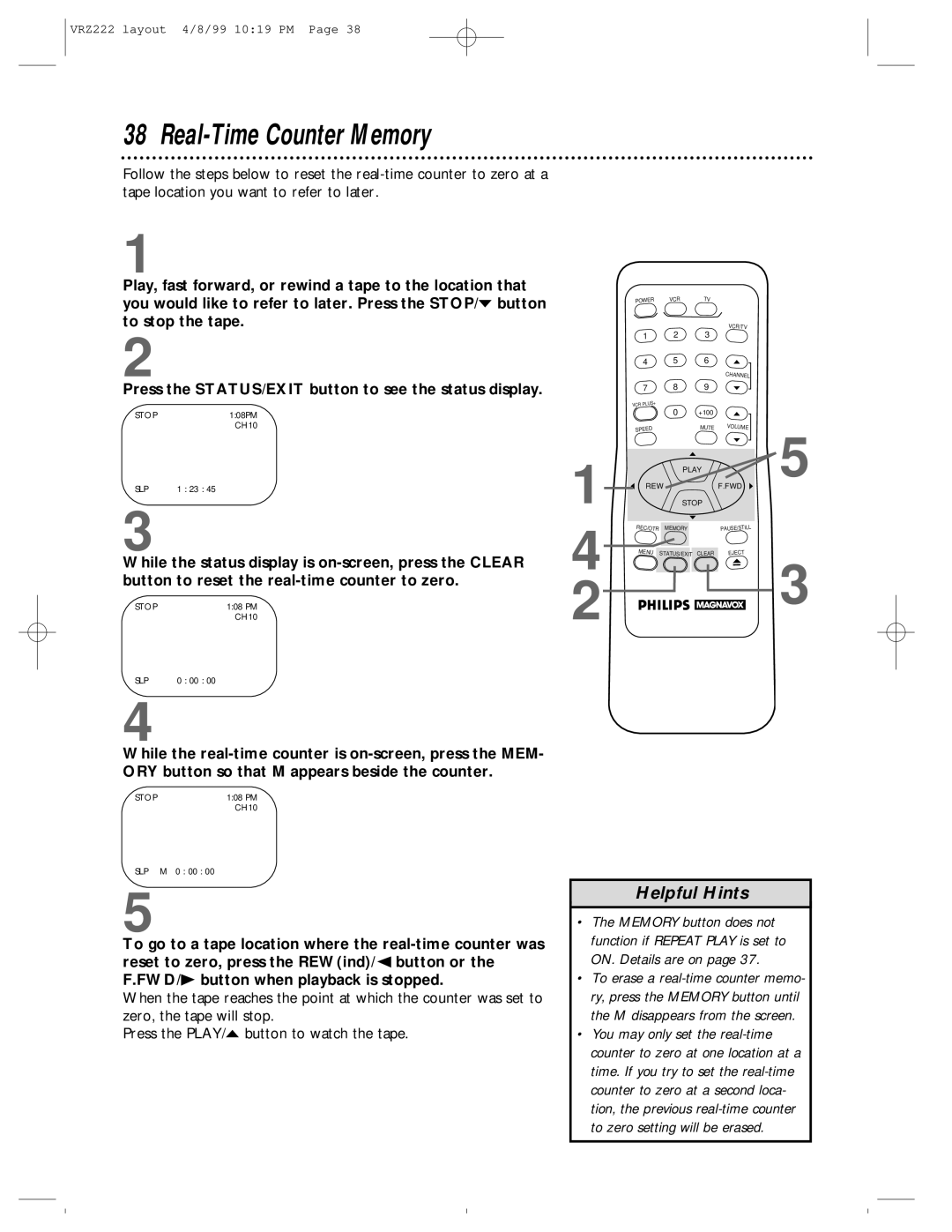 Philips VRZ222AT owner manual Real-Time Counter Memory 