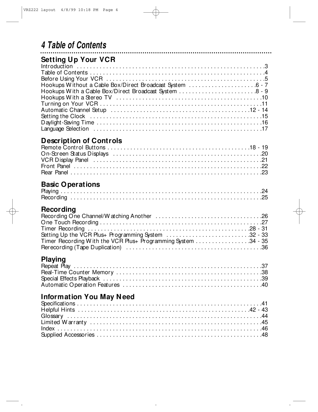 Philips VRZ222AT owner manual Table of Contents 