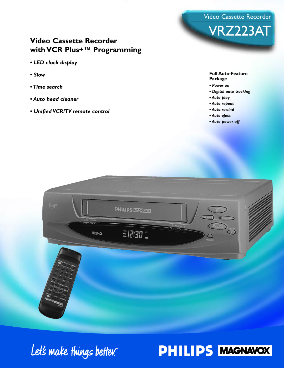 Philips VRZ223AT manual Video Cassette Recorder With VCR Plus+ Programming, Full Auto-Feature Package 