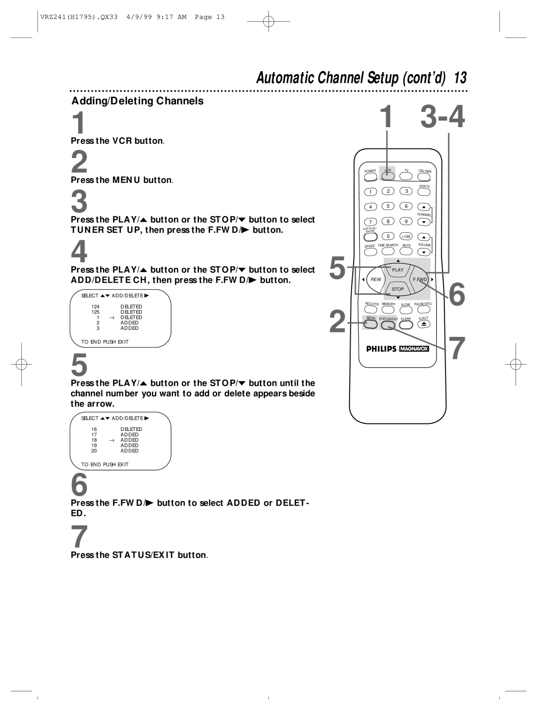 Philips VRZ241AT owner manual Automatic Channel Setup cont’d, Adding/Deleting Channels 