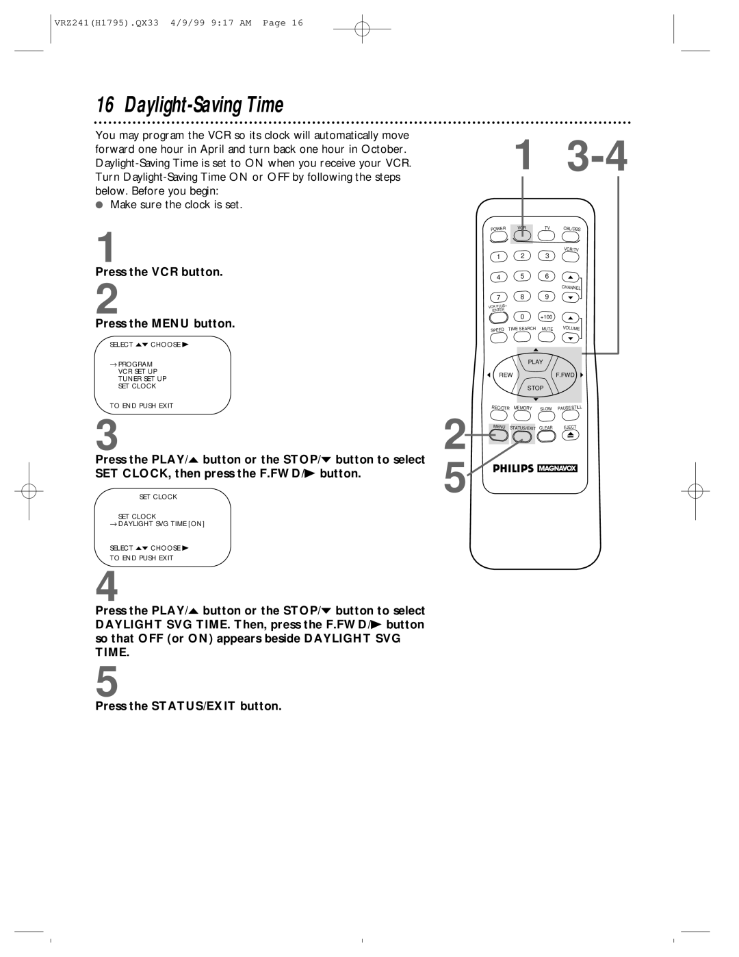 Philips VRZ241AT owner manual Daylight-Saving Time 