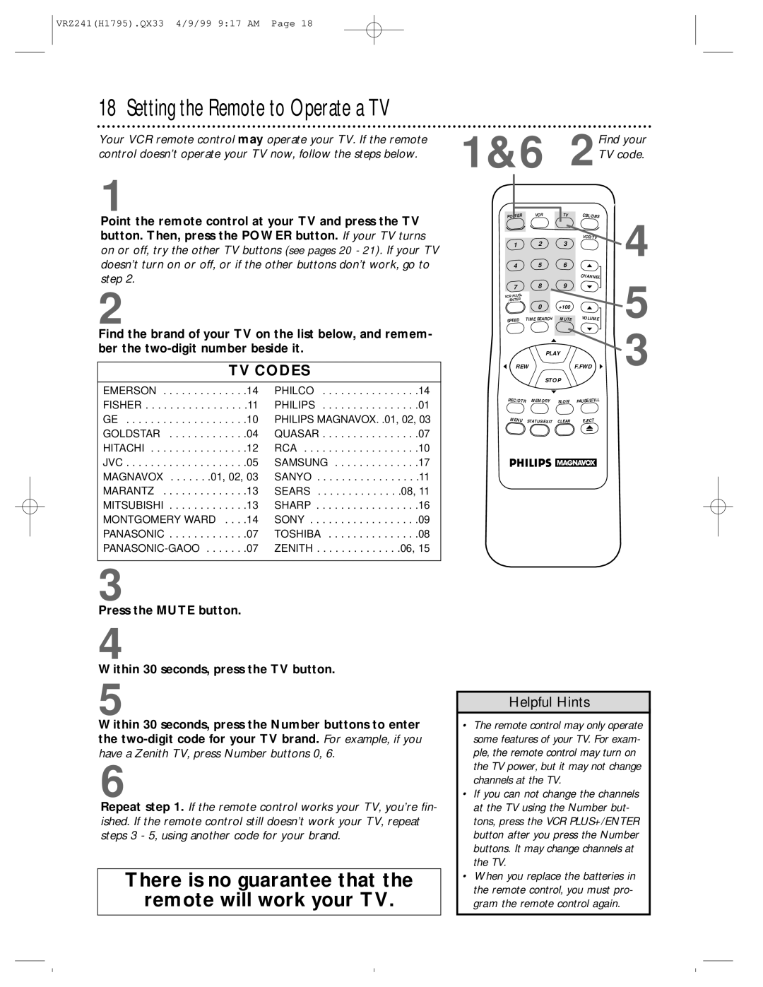 Philips VRZ241AT owner manual Setting the Remote to Operate a TV 