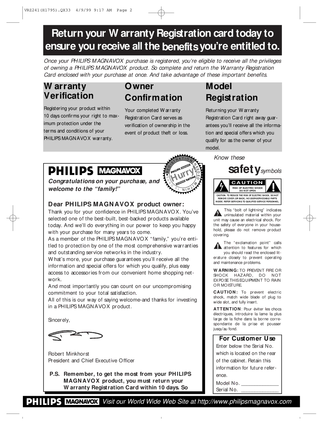 Philips VRZ241AT owner manual Dear Philips Magnavox product owner, For Customer Use 