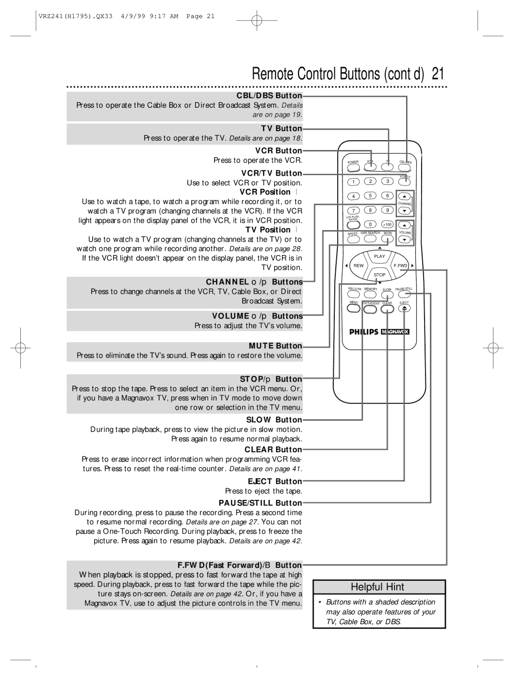 Philips VRZ241AT owner manual Remote Control Buttons cont’d 