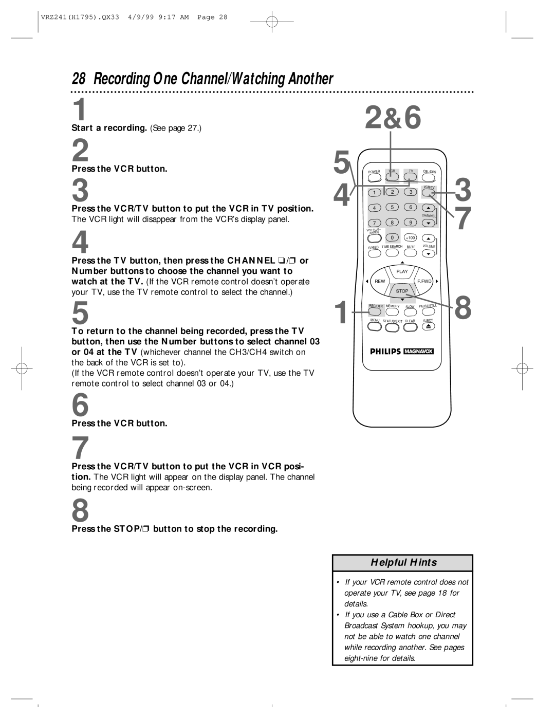 Philips VRZ241AT owner manual Recording One Channel/Watching Another 