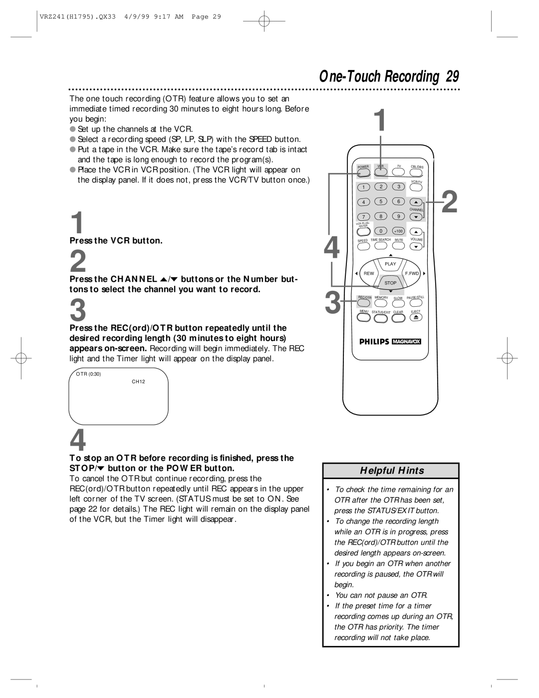 Philips VRZ241AT owner manual One-Touch Recording 