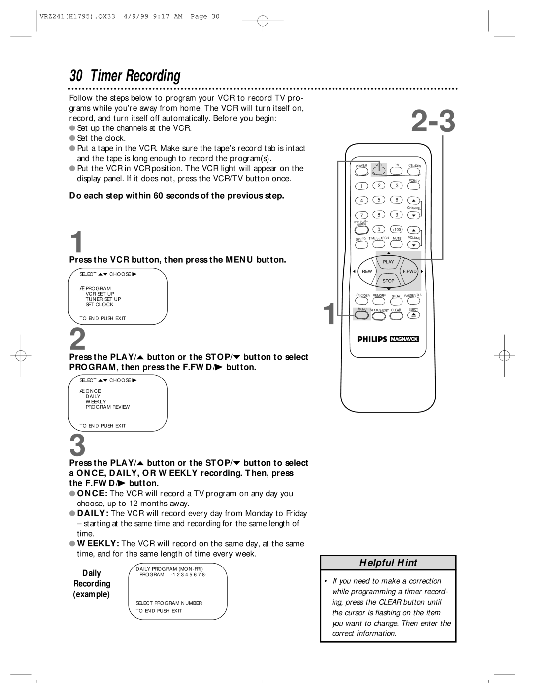 Philips VRZ241AT owner manual Timer Recording, Daily 