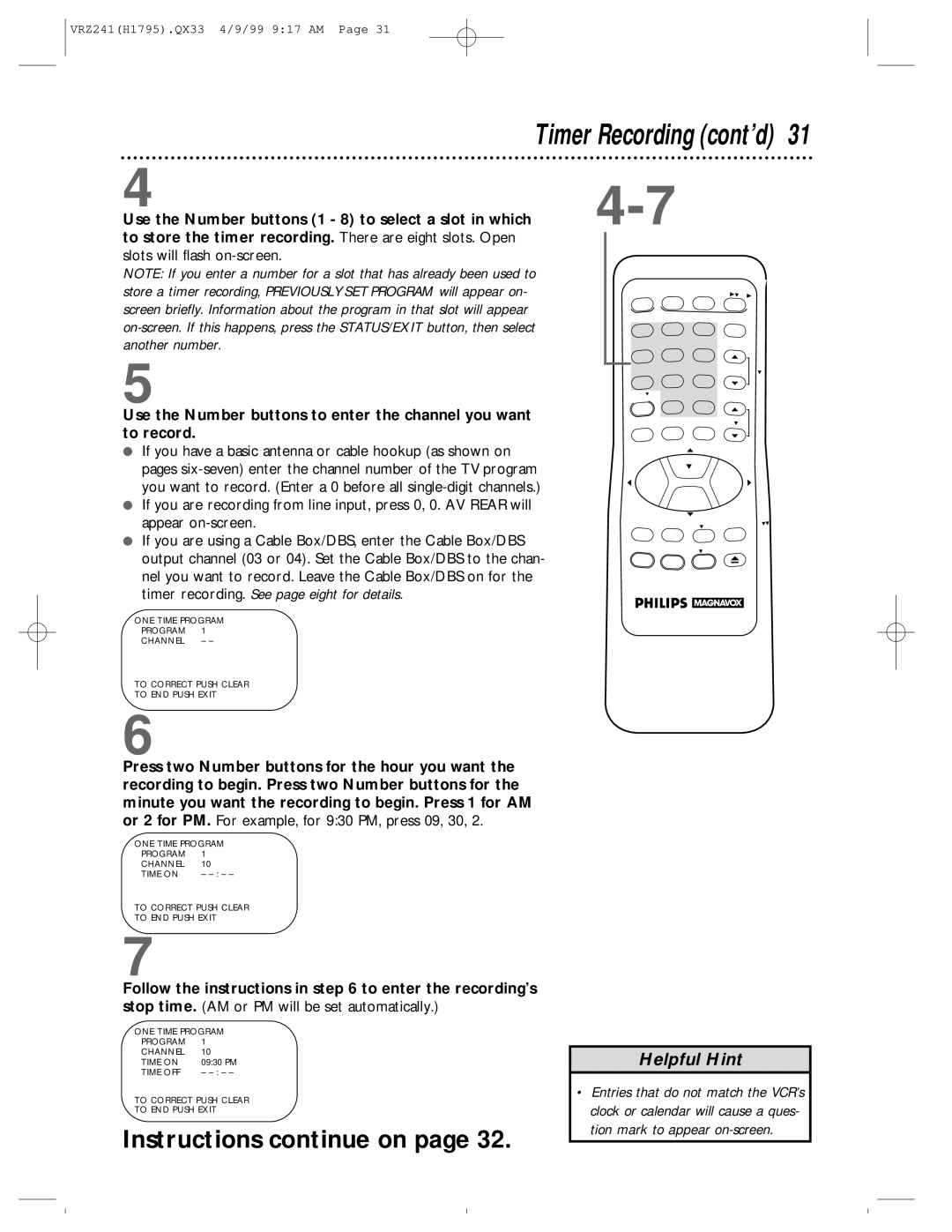 Philips VRZ241AT owner manual Timer Recording cont’d, Instructions continue on 