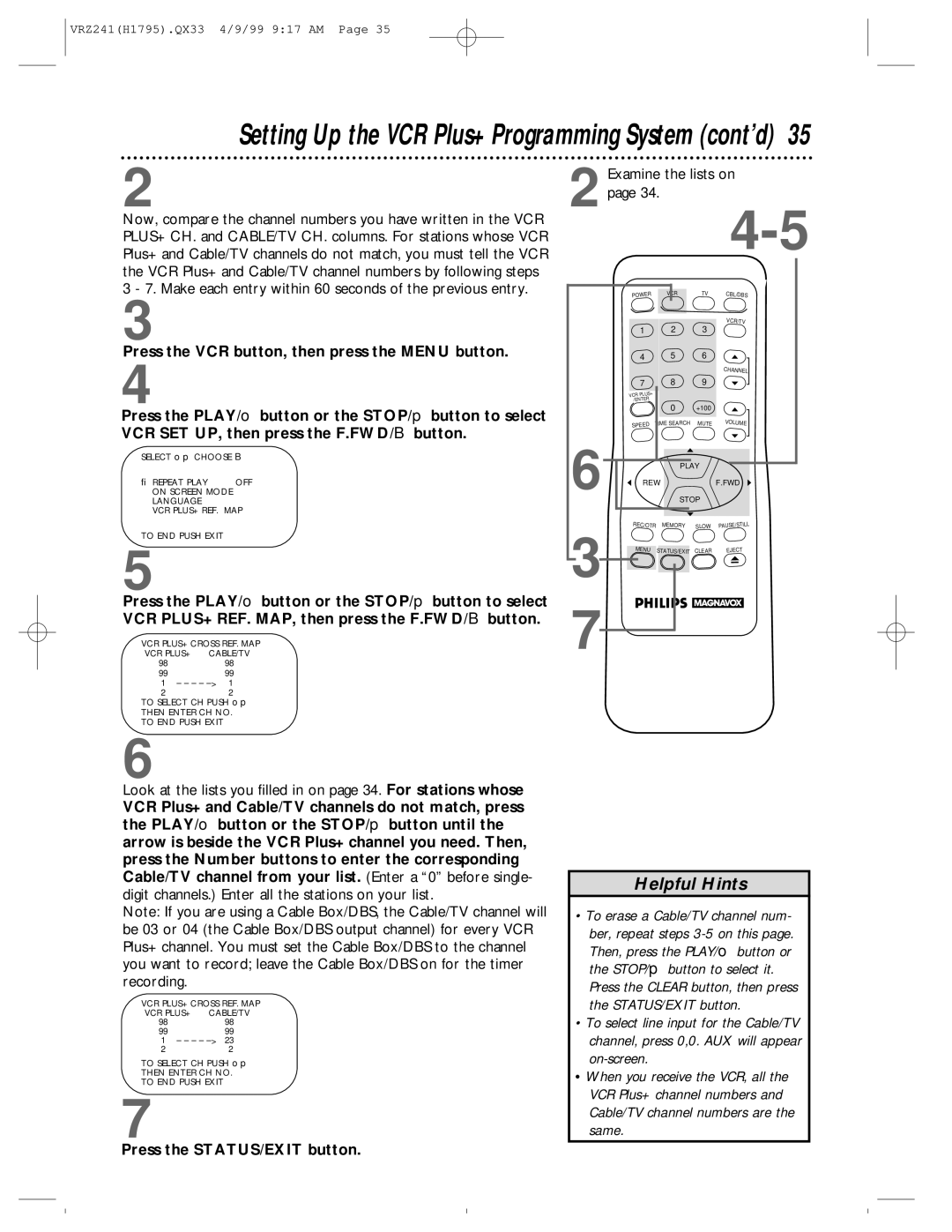 Philips VRZ241AT owner manual Setting Up the VCR Plus+ Programming System cont’d 