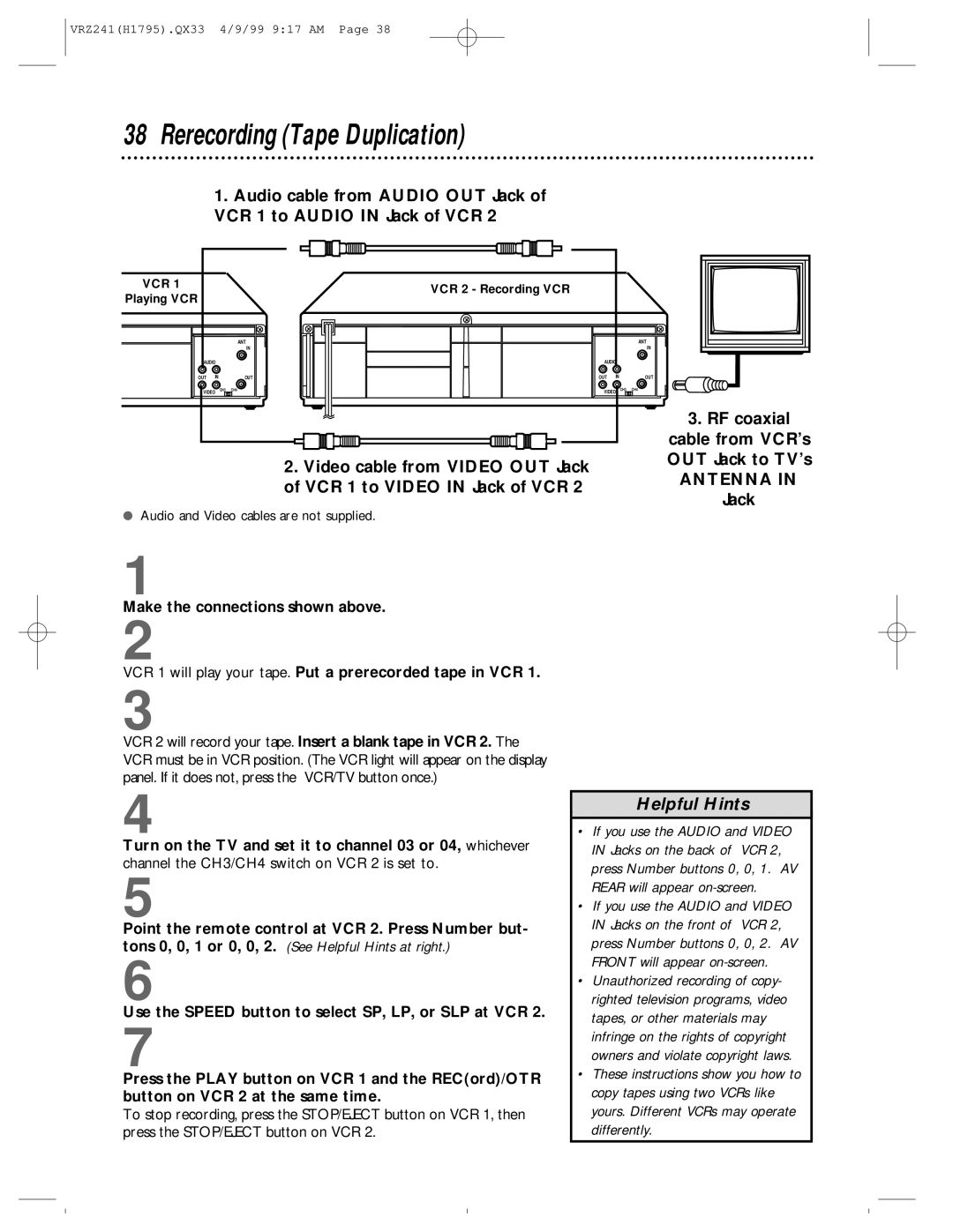 Philips VRZ241AT owner manual Rerecording Tape Duplication, Antenna 