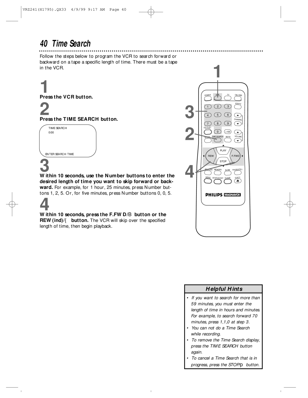 Philips VRZ241AT Press the VCR button Press the Time Search button, Within 10 seconds, use the Number buttons to enter 