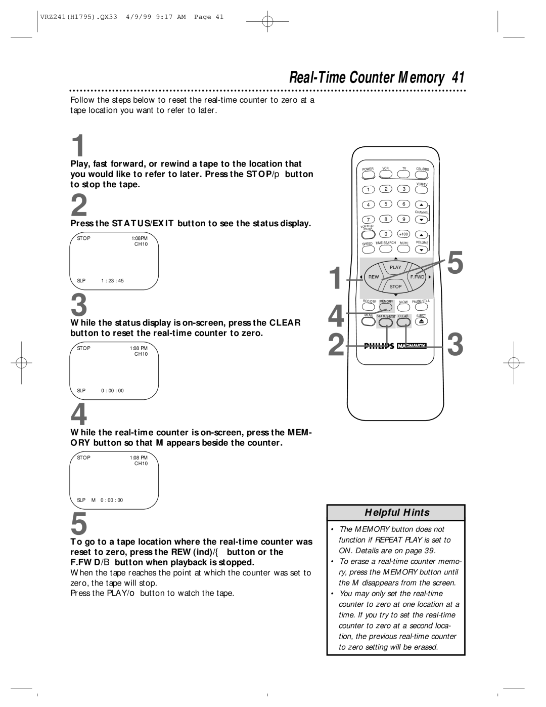 Philips VRZ241AT owner manual Real-Time Counter Memory 