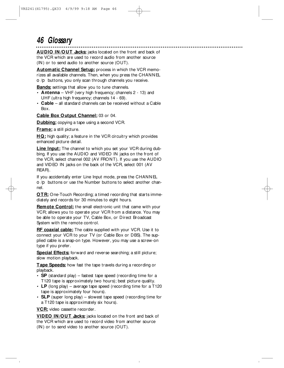 Philips VRZ241AT owner manual Glossary, Cable Box Output Channel 03 or 