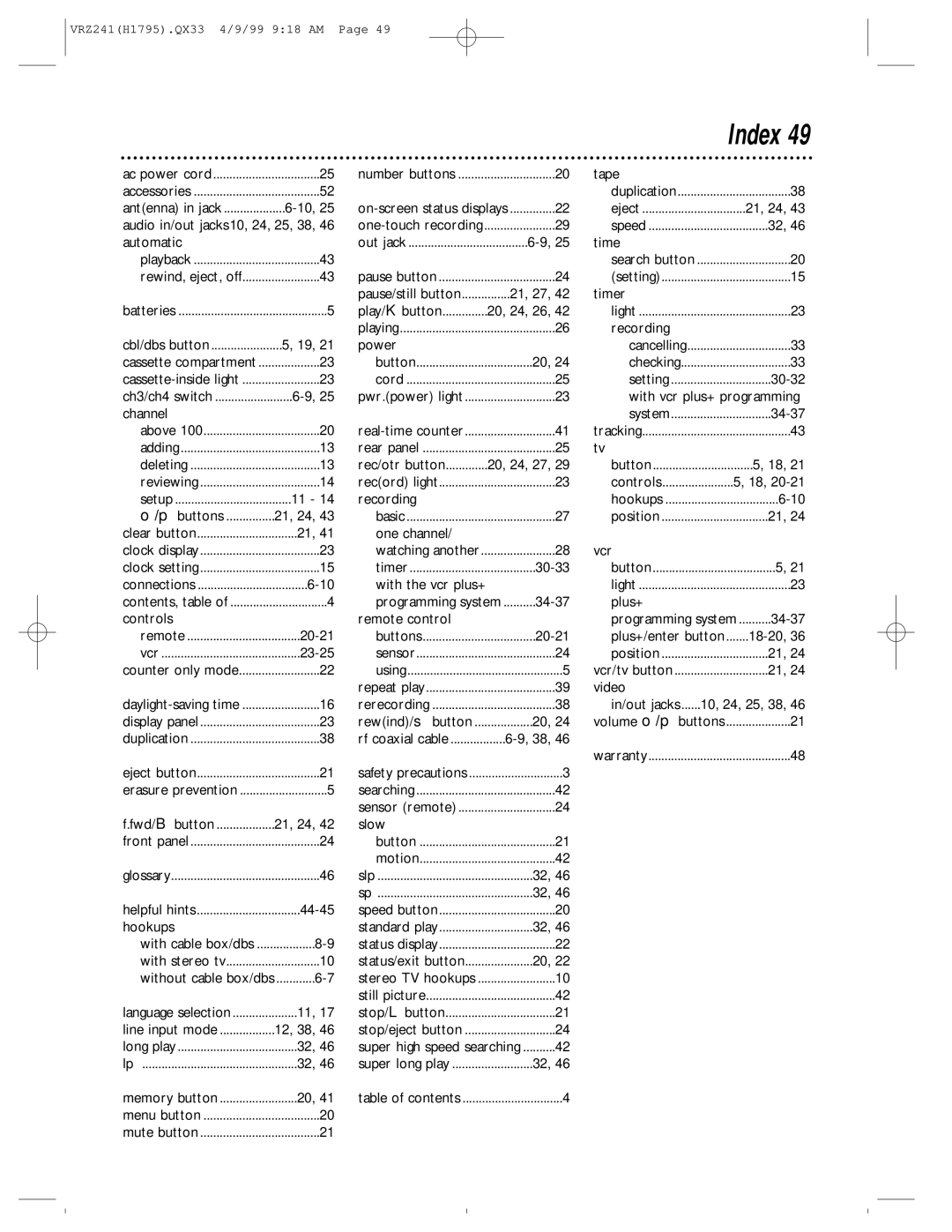 Philips VRZ241AT owner manual Index, Automatic 