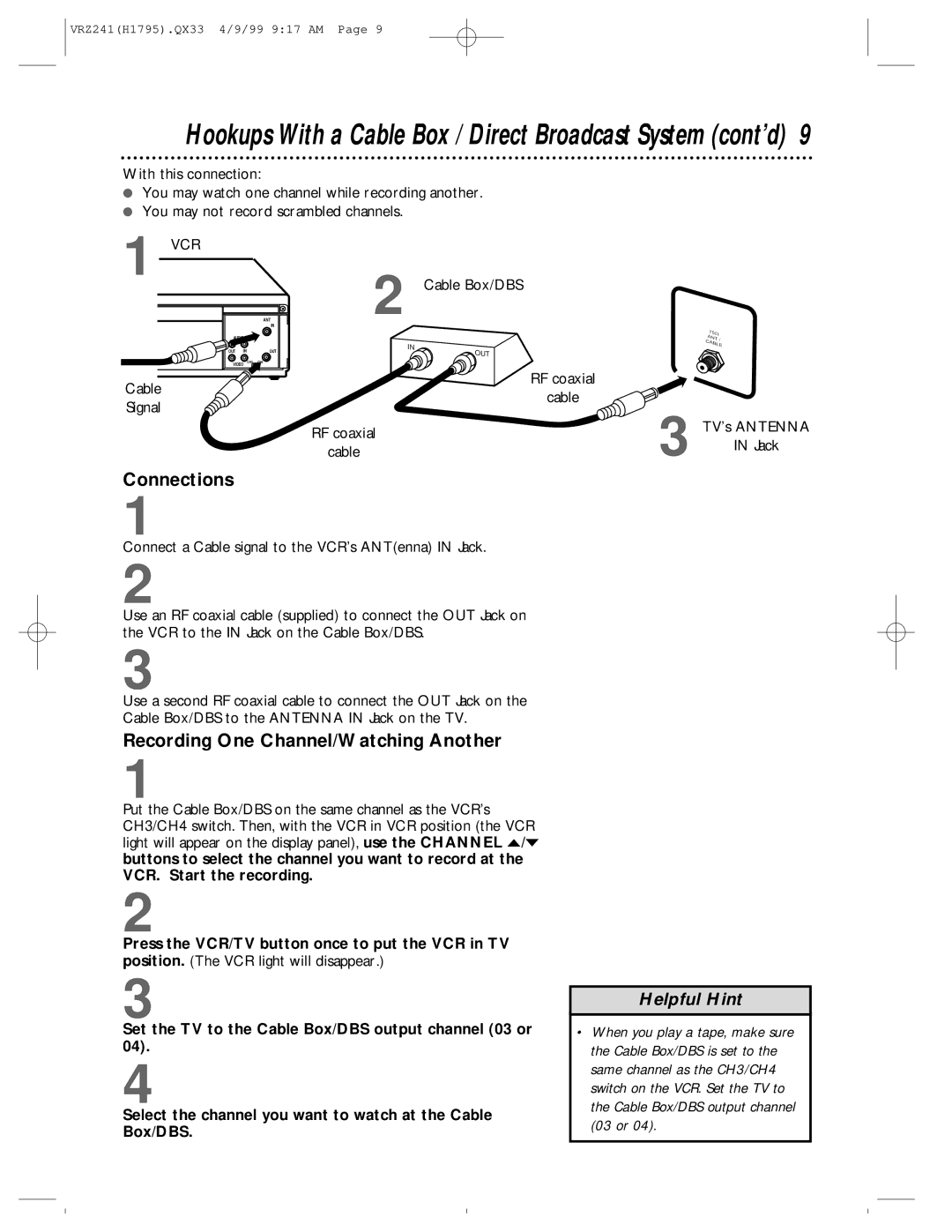 Philips VRZ241AT Hookups With a Cable Box / Direct Broadcast System cont’d, Recording One Channel/Watching Another 
