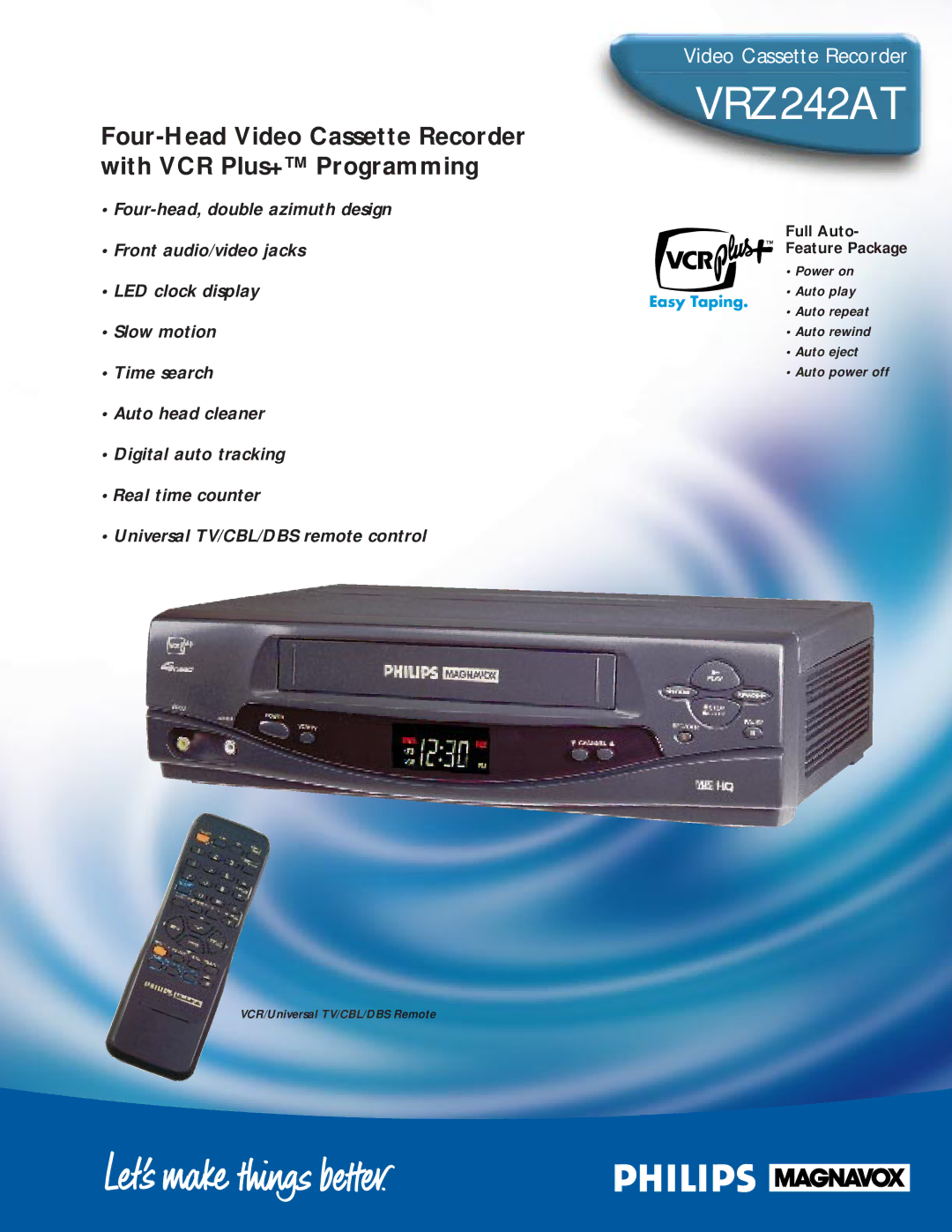 Philips VRZ242AT manual Full Auto Feature Package, VCR/Universal TV/CBL/DBS Remote 