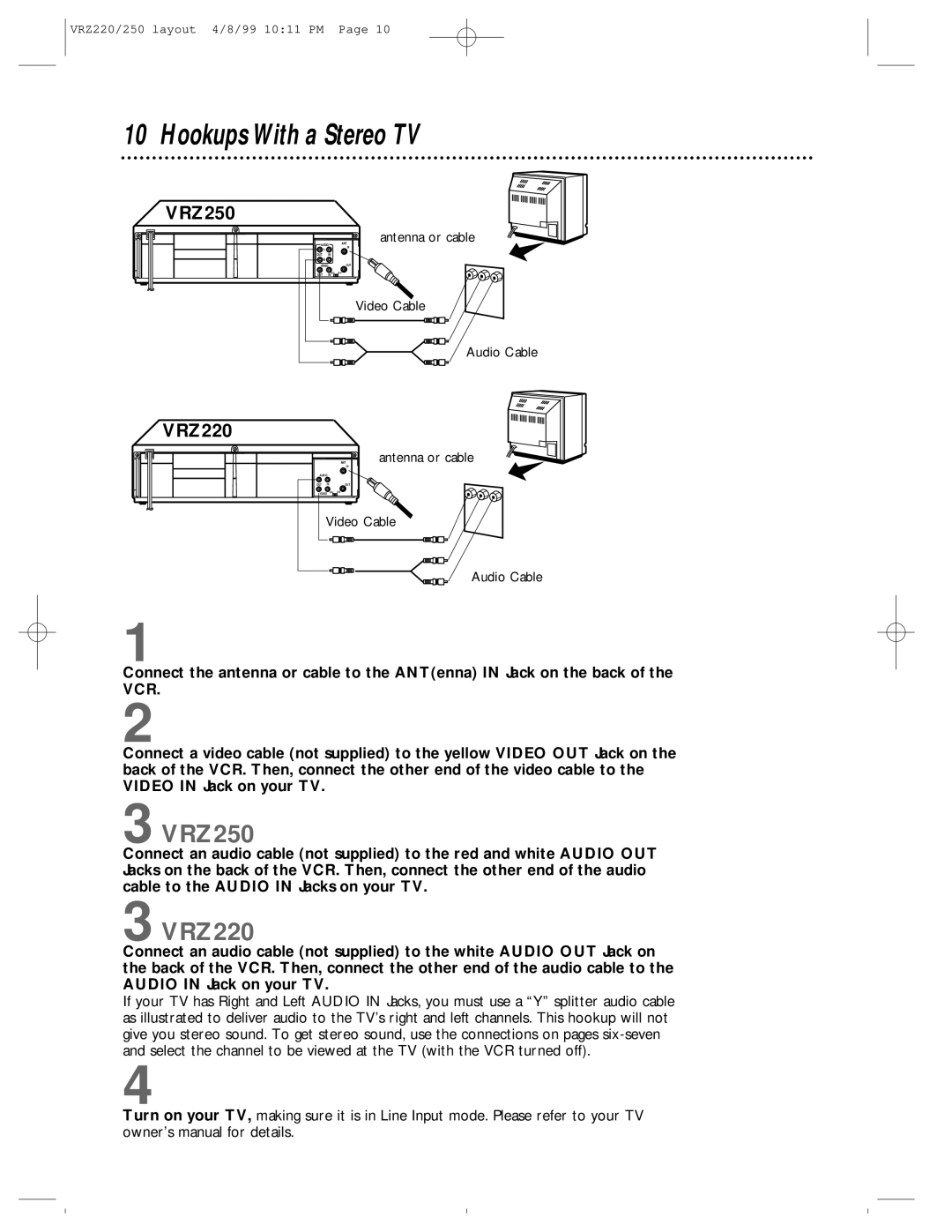 Philips VRZ250AT, VRZ220AT owner manual Hookups With a Stereo TV 