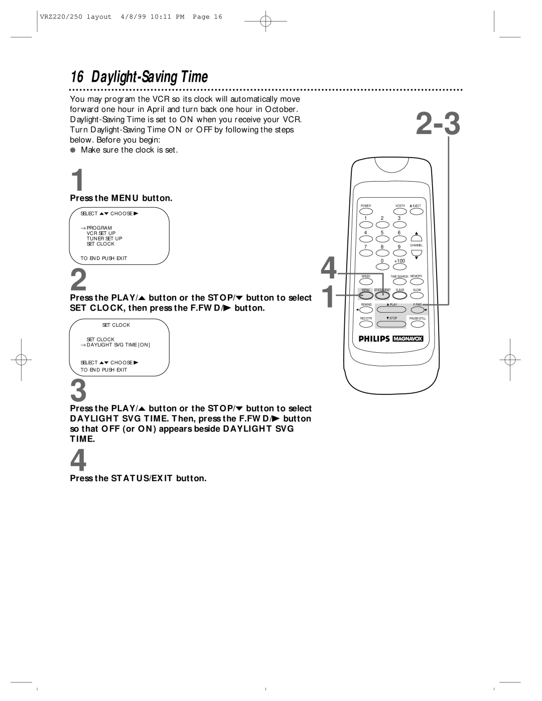 Philips VRZ250AT, VRZ220AT owner manual Daylight-Saving Time 