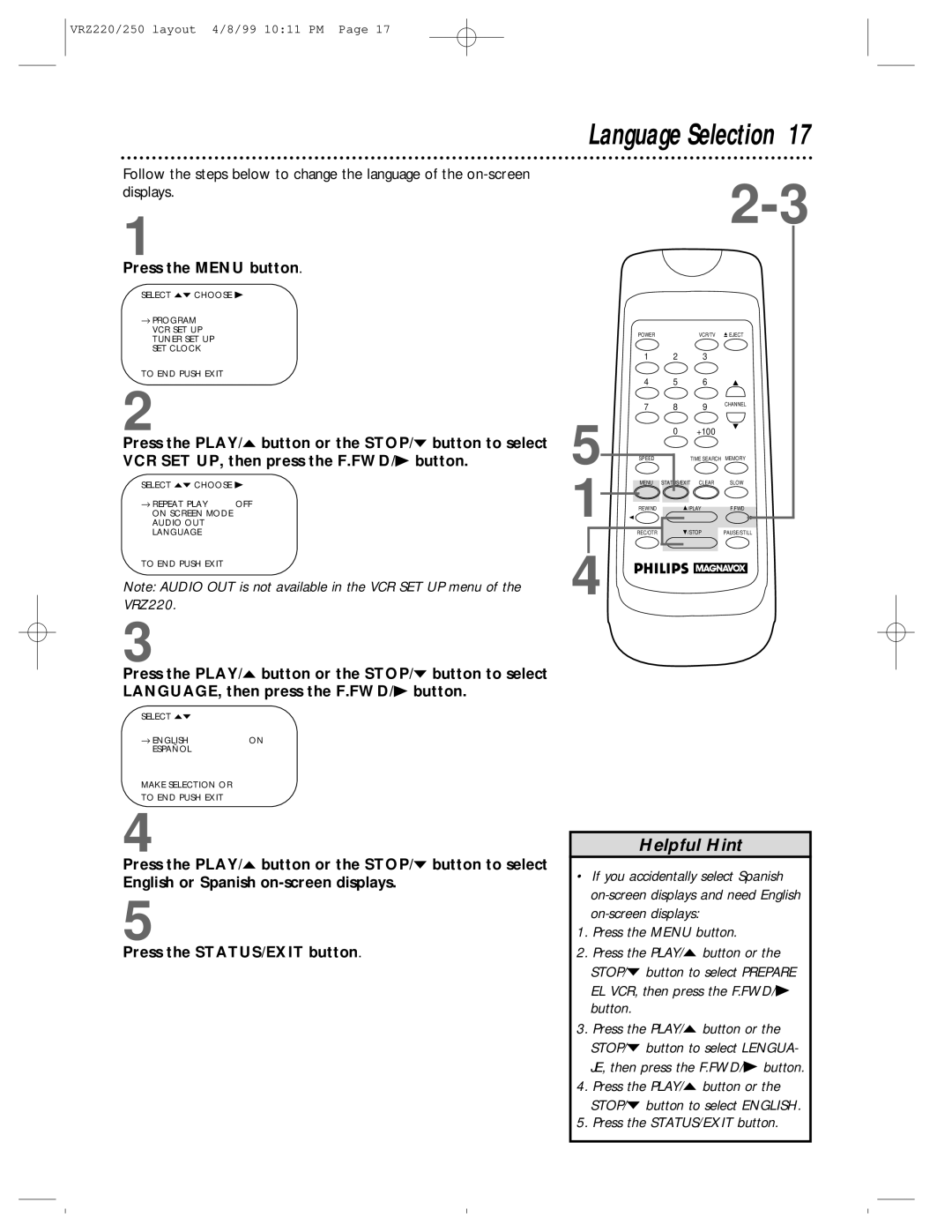 Philips VRZ220AT, VRZ250AT owner manual Language Selection 