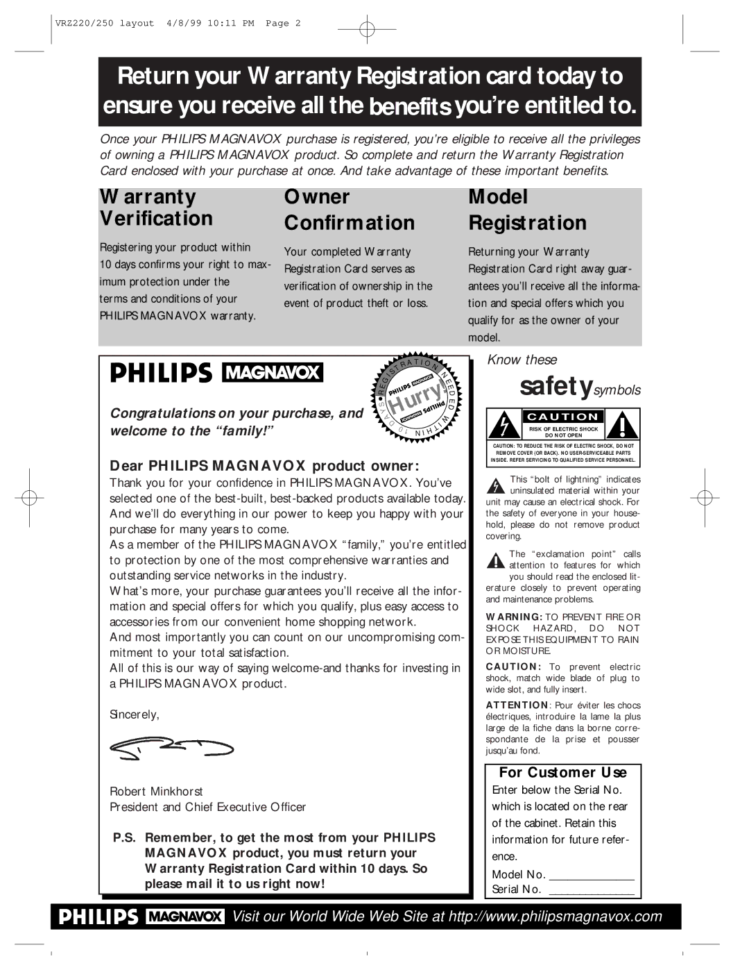 Philips VRZ250AT, VRZ220AT owner manual Dear Philips Magnavox product owner, For Customer Use 