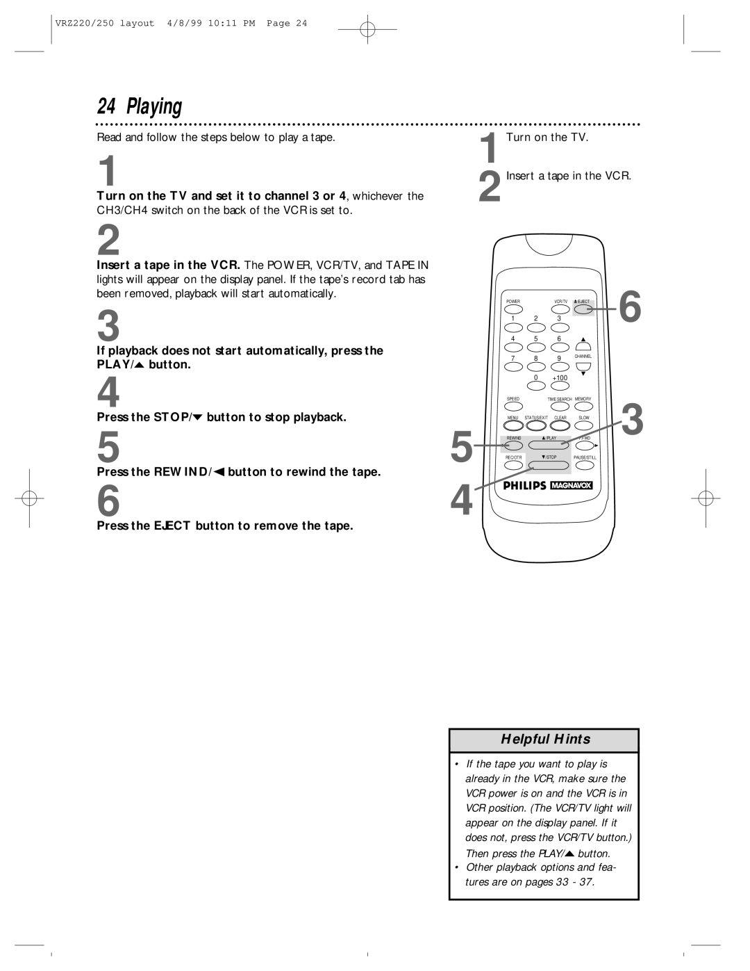 Philips VRZ250AT, VRZ220AT owner manual Playing, Read and follow the steps below to play a tape 