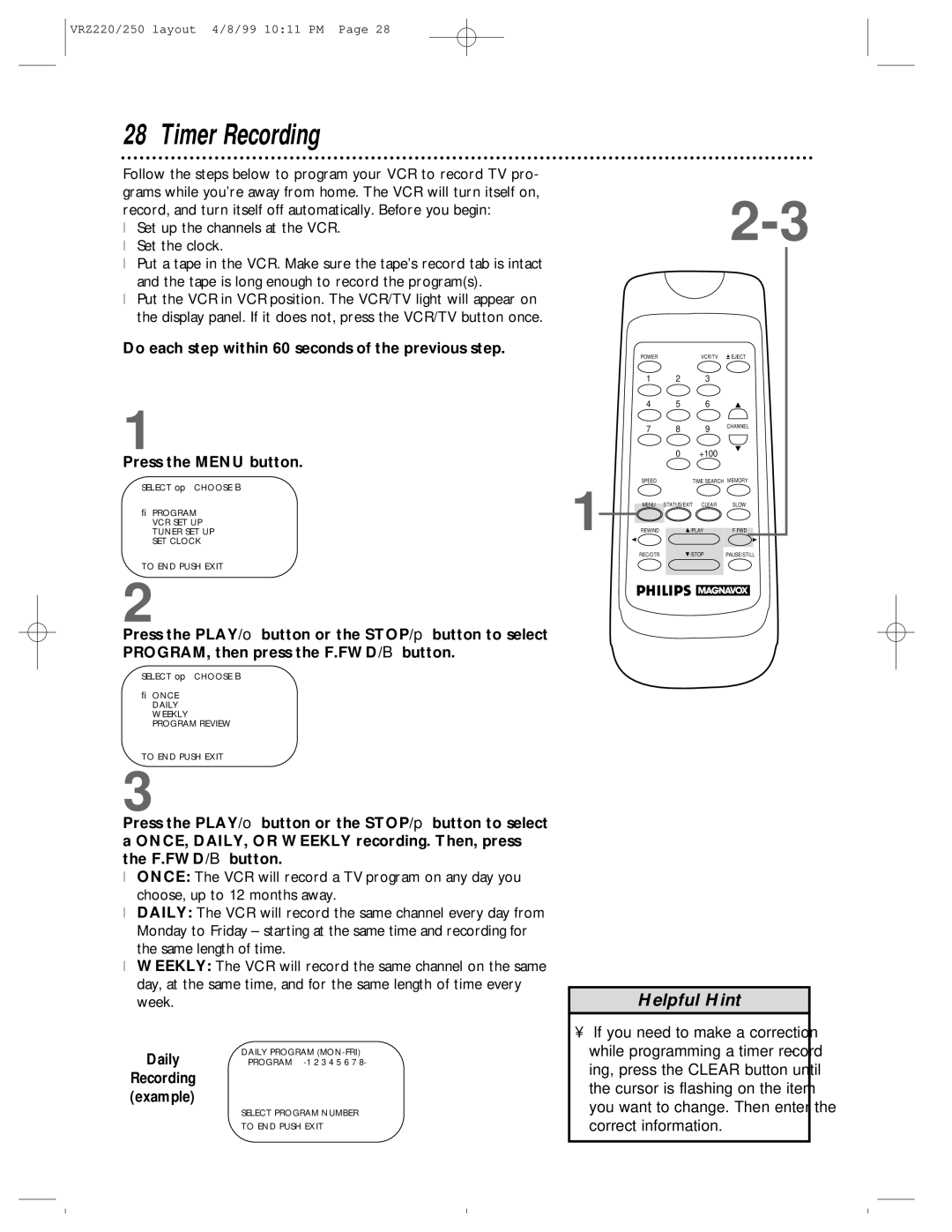 Philips VRZ250AT, VRZ220AT owner manual Timer Recording, Daily 